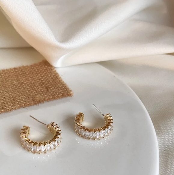 NEW Yellow Gold Baguette Small Diamond Hoops - Picture 4 of 8